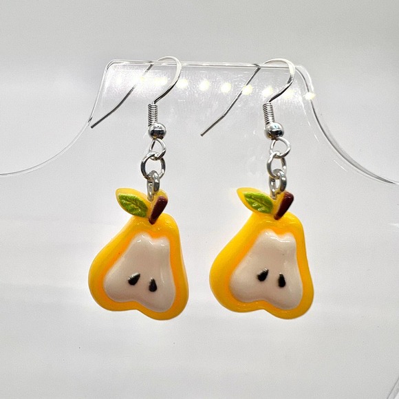 Chunky Pear Slice Fruit Earrings - Yellow and White - Picture 1 of 10